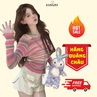 Áo len nữ dáng ngắn áo croptop dài tay nhún bèo LUHAZO dệt kim mongtoghi kẻ sọc nhiều màu sắc nổi bật M32 D2-16.1