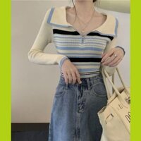 Áo len nữ dáng polo thiết kế kẻ ngang đơn sắc đơn giản thanh lịch, Áo giữ nhiệt cổ bẻ phong cách công sở nhẹ nhàng PL02