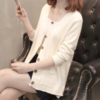 áo len nữ đẹp, áo len nữ 2 túi dáng cardigan - trắng