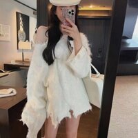 Áo Len Nữ Dệt Kim xoắn rách áo trễ vai tua rua bất thường thời trang mới mùa thu