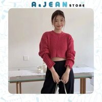 Áo len nữ form lửng rộng gân nổi, áo croptop hồng | AJEAN STORE