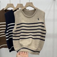 Áo len nữ gile cổ tròn, áo gile len sọc ngang thêu hình ngựa một sừng phong cách Hàn Quốc dễ phối đồ Sicily Studio