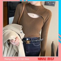 Áo len nữ Hàn Quốc tay dài, áo len nữ cổ lọ khoét ngực lên dáng tiểu thư, gợi cảm, gây sự chú ý Minxu shop LEN01