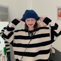 Áo len nữ kẻ ngang tay dài dáng rộng thời trang unisex len dệt kim dày ấm hàng loại bubblu24.vn