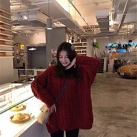 Áo len nữ màu đỏ sweater cổ tròn dài tay chất len vặn thừng dày dặn cao cấp phong cách Hàn Quốc