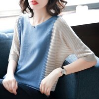 Áo len nữ mỏng lửng tay, cổ tim nữ tính thanh lịch, họa tiết kẻ sọc phối màu Al33 - XANH DƯƠNG