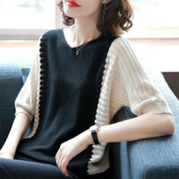 Áo len nữ mỏng lửng tay, cổ tim nữ tính thanh lịch, họa tiết kẻ sọc phối màu Al33 - ĐEN