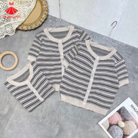 Áo len nữ ngắn tay cài khuy, Áo len nữ kẻ ngang chất len mỏng mịn hàng QC BongShop999 PG41