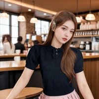 Áo len nữ ngắn tay chũ "baby" in chìm TANKA áo len cổ bẻ form fit cao cấp ALN03