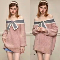 Áo Len Nữ Nơ Trễ Vai Tiểu Thư Form Giấu Quần Freesize Quảng Châu Cao Cấp