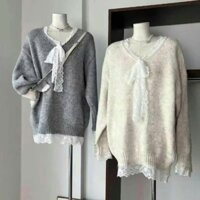 Áo len nữ phối viền ren tiểu thư chùm mông dáng rộng dài hàng QC, áo len kiểu nữ