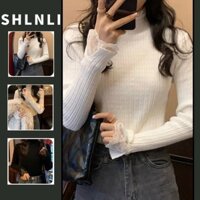 Áo len nữ ren Colla cho mùa thu đông Lá sen mỏng Áo len cổ cao