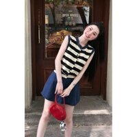 Áo len nữ sát nách cổ tròn viền xanh lông kẻ sọc khuy cài hàng Quảng Châu mùa hè form vừa chất mát đẹp 6935