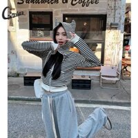 Áo len nữ sọc có mũ trùm đầu Cardigan Áo khoác ngắn nữ dáng ôm phong cách Hàn Quốc hàng đầu