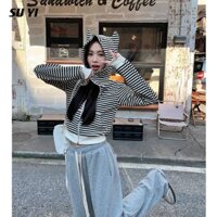 Áo len nữ sọc có mũ trùm đầu Cardigan Áo khoác ngắn nữ dáng ôm phong cách Hàn Quốc hàng đầu