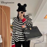 Áo len nữ sọc đen trắng Áo dài tay màu đỏ sọc