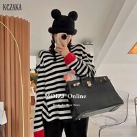 Áo len nữ sọc đen trắng Áo dài tay màu đỏ sọc