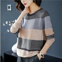 Áo len nữ sọc ngang phối màu Al07 - đen