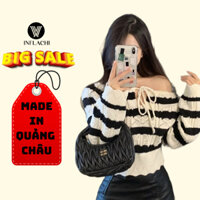 Áo len nữ trễ vai dài tay INFLACHI họa tiết kẻ sọc ngang 2 màu tương phản nổi bật thời trang dây rút phong cách H-23