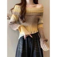 áo len nữ trễ vai màu loang vạt lệch cá tính