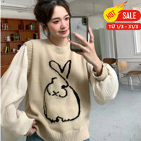 Áo len nữ trơn màu tay phồng thêu thỏ vintage, áo sweater len nữ kiểu Hàn Quốc 1264