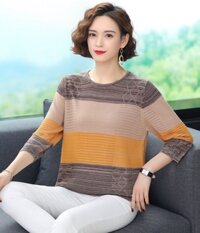 Áo len nữ trung niên, áo len mỏng tay lỡ A21 - kẻ nâu