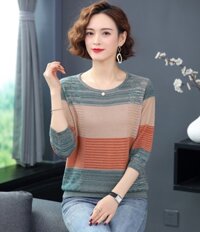 Áo len nữ trung niên, áo len mỏng tay lỡ A21 - kẻ xanh