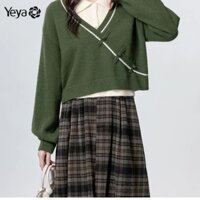 Áo Len Nữ YEYA Cổ Polo Áo Len Xanh Nơ Trang Trí Áo Len Ngắn Cổ Chữ V