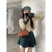 Áo len phối cổ sơmi bò + chân váy bò xoè siêu xinh hàng qc