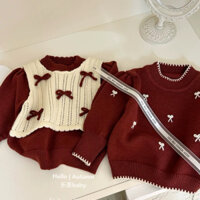 Áo len phối nơ màu đỏ dành cho bé gái