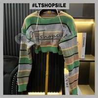Áo len phối xanh croptop dài tay thu đông dáng rộng ALD24