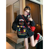 Áo len phong cách lười biếng màu đen Áo khoác nữ dày dáng rộng Áo len dệt kim cổ điển hàng đầu