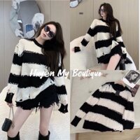 Áo len rách mỏng cá tính kẻ đen trắng form rộng dấu quần