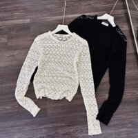 Áo Len Ren Hoa Cổ Tròn Tay Dài Thu Đông, Áo Ren Body