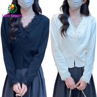 Áo len ren SAHRAI, Áo len dệt kim dài tay cổ chữ V, Áo len mỏng thời trang ngắn văn phòng Hàn Quốc Áo len Cardigan nữ