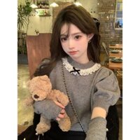 Áo Len Ren Tay Áo Kiểu Pháp Dáng Ngắn Bong Bóng Áo Dệt Kim Áo Mặc Trong Ngọt Ngào Thiết Kế Mẫu Mới Dệt Kim Thu Đông