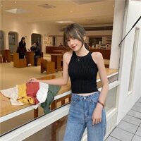 Áo len sát nách cổ yếm Sẵn Áo croptop ôm body không tay hở vai, Phong cách trẻ trung năng động, Thời trang thu xinh - Đen - Freesize &lt;60kg
