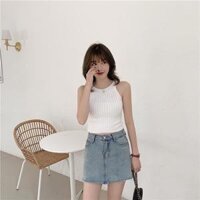 Áo len sát nách cổ yếm Sẵn Áo croptop ôm body không tay hở vai, Phong cách trẻ trung năng động, Thời trang thu xinh - Trắng - Freesize &lt;60kg
