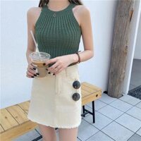 Áo len sát nách cổ yếm Sẵn Áo croptop ôm body không tay hở vai, Phong cách trẻ trung năng động, Thời trang thu xinh - Rêu - Freesize &lt;60kg