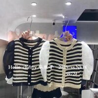 Áo len sọc cổ V màu sắc phong cách Hàn Quốc cho phụ nữ, áo ngắn khoét lỗ mỏng phong cách Chanel, áo tay phồng lưới thanh lịch, kiểu đan Note 1Z5M