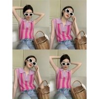 Áo len sọc hồng ba lỗ viền cổ bẻ cá tính