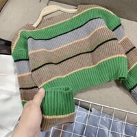 Áo len sọc kẽ crtop tay dài 🎀ÁO LEN KẺ XANH -  HỒNG HÀNG QC CAO CẤP