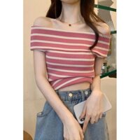 Áo Len Sọc Màu Hồng Top Nữ Hot Girl Retro Slim-fit Light Trưởng Thành Đi Lại Một Vai Lộn Tay Ngắn