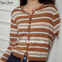 Áo len sọc màu nâu cam Cardigan Áo khoác ngắn nhiều lớp thân thiện với da