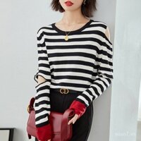 Áo len sọc mới đầu xuân 2025, áo trễ vai rách, tay dài rộng rãi