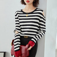 Áo len sọc mới đầu xuân 2025, áo trễ vai rách, tay dài rộng rãi