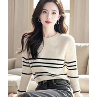 Áo Len Sọc Trắng Nữ Thu Đông 2024 Ôm Hơn Nhìn Bao Da Thịt Top Áo Chui Đầu Cao Cấp Dài Tay Bo