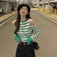 Áo len sọc xanh mới mùa xuân và mùa thu cho phụ nữ, thiết kế độc đáo, áo cơ bản ngắn để phối đồ