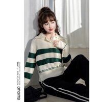 Áo len sweater LUHAZO thời trang họa tiết kẻ sọc ngang nữ sinh tay dài cổ bẻ phong cách retro Hàn Quốc M317 CT-6.3