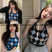 Áo len tăm 2 dây croptop cổ yếm caro họa tiết quả trám sexy (ảnh thật shope chụp)